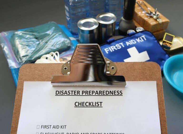 A clipboard with a checklist of disaster preparedness.