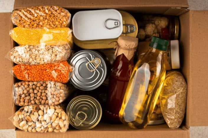 A box with canned foods, dried foods, etc.