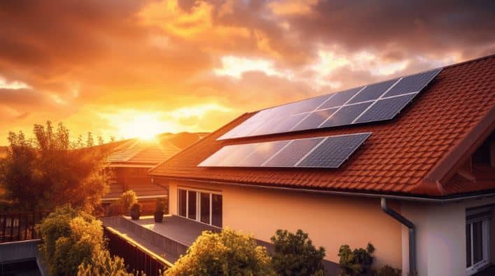 Detached house with a photovoltaic system with a sunset in the background.