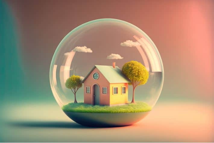 House with a garden and couple of trees inside a bubble.