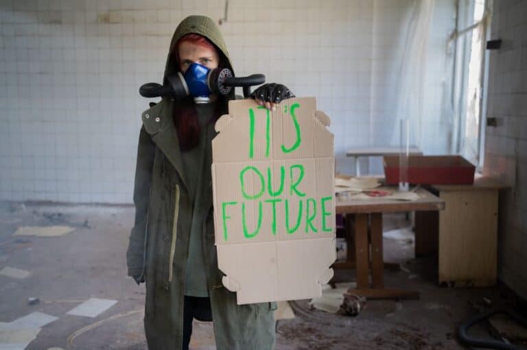 Prepper generations: masked woman holding a sign that says "It's our future".