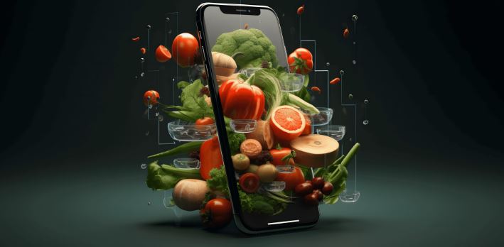 A smartphone integrated with lots of vegetables and fruits. 
