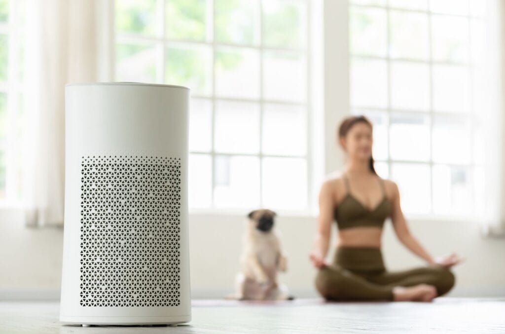 Air Purifier with HEPA filter with a woman and a dog doing yoga in the background.